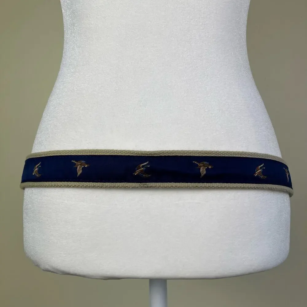 KEH Mens Sz M / 36 Vintage Leather Canvas Belt w Mallard Duck Design Brown Blue